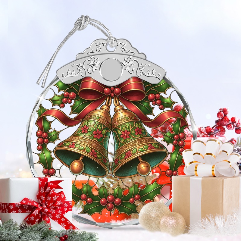 Christmas Bells & Holly - Crystal Ornament