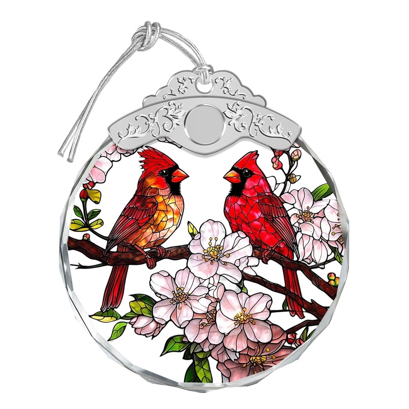 Red Cardinals & Cherry Blossoms - Crystal Ornament