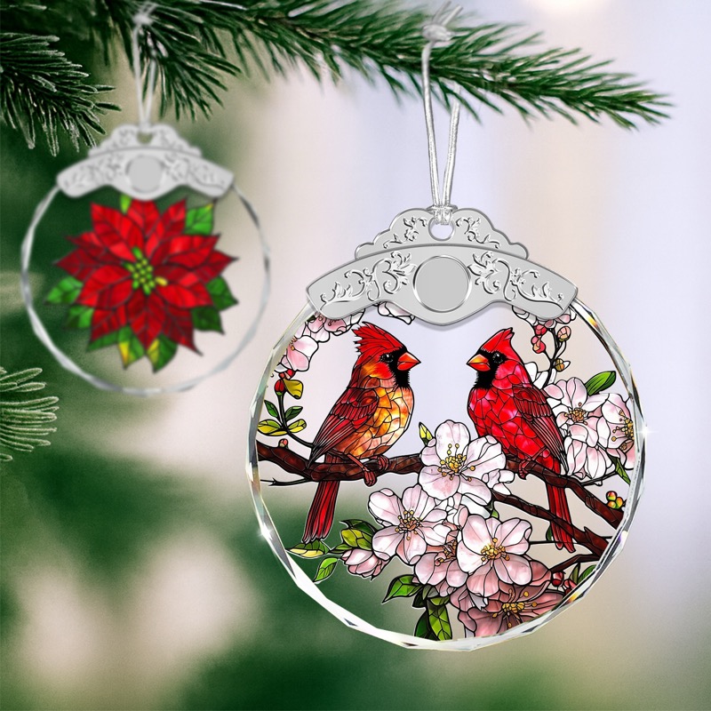 Red Cardinals & Cherry Blossoms - Crystal Ornament