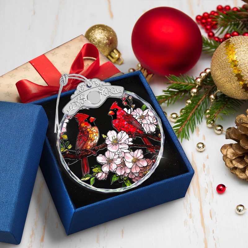 Red Cardinals & Cherry Blossoms - Crystal Ornament