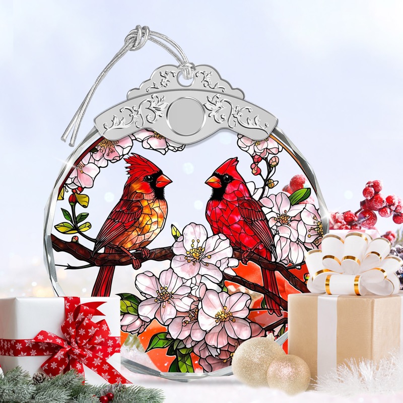 Red Cardinals & Cherry Blossoms - Crystal Ornament